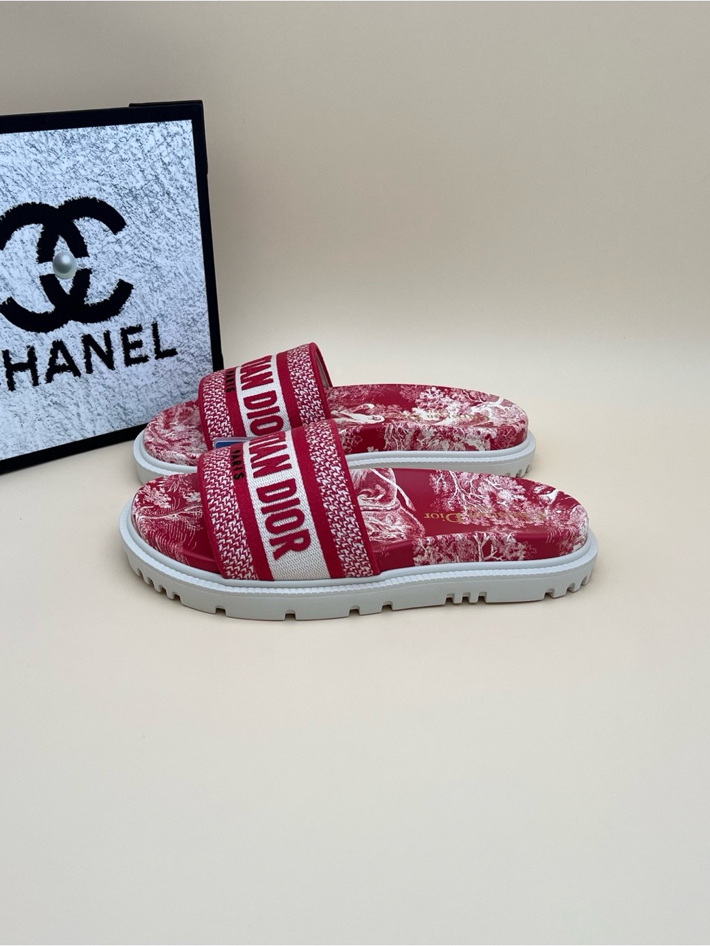 Steal Dior Red Toile Slide Sandals